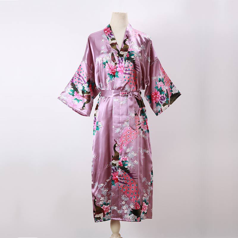 Ladies Kimono Robe Thin Peacock Print Bathrobe Sexy Long Pajamas Imitation Silk Kimono Robe