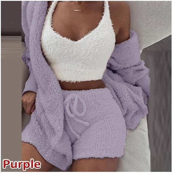 Cross-border women's plush home wear casual 3-piece pajamas long-sleeved shorts