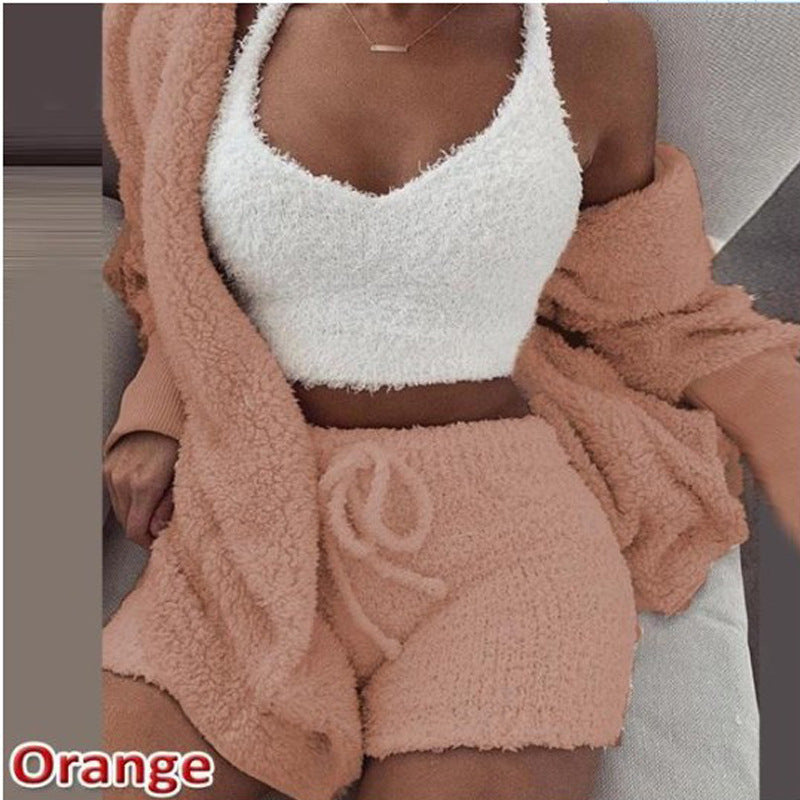 Cross-border women's plush home wear casual 3-piece pajamas long-sleeved shorts