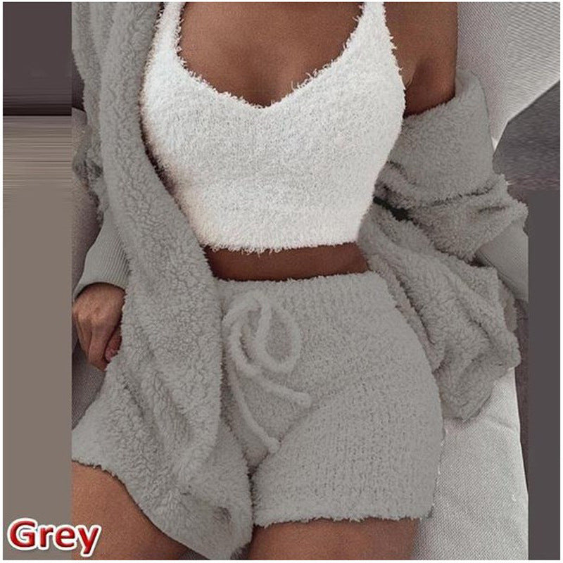 Cross-border women's plush home wear casual 3-piece pajamas long-sleeved shorts