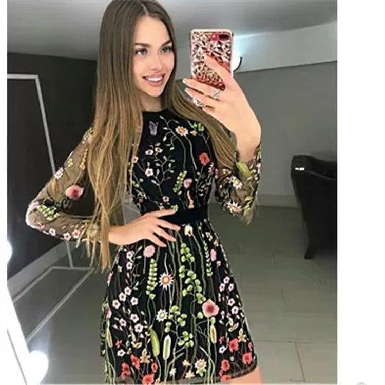 European and American lace sexy mesh embroidery dress Bohemia women's floral dress