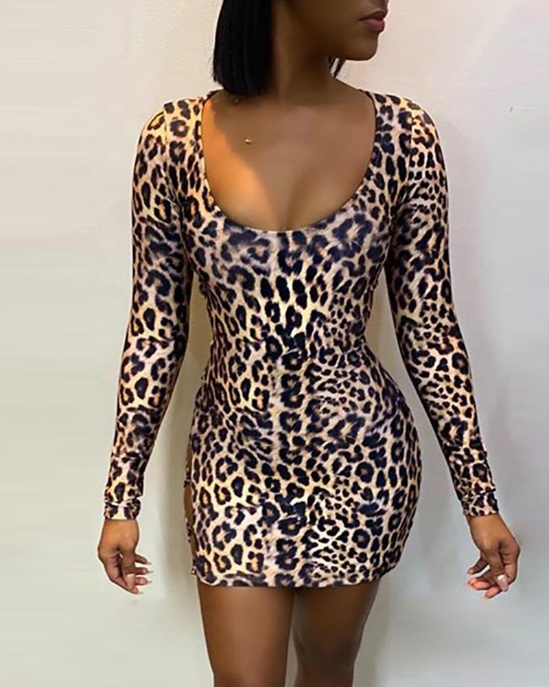 European and American super sexy nightclub leopard print halter lace-up hip short dress