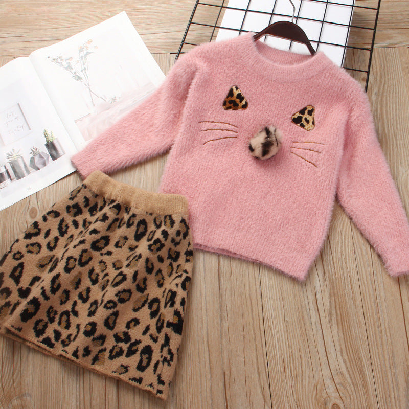 Children's skirt suit skirt female baby foreign pure color sweater mink velvet leopard print skirt two-piece