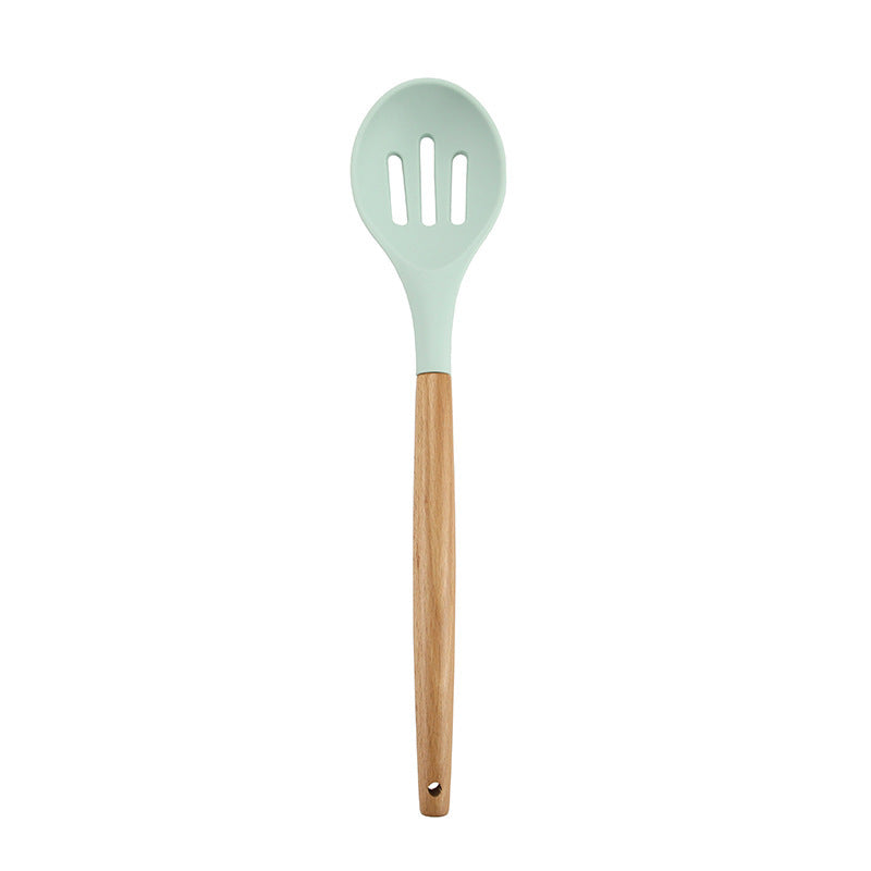 Storage barrel fresh green wooden handle silicone kitchenware 11 piece set non-stick spatula kitchenware set eleven piece set