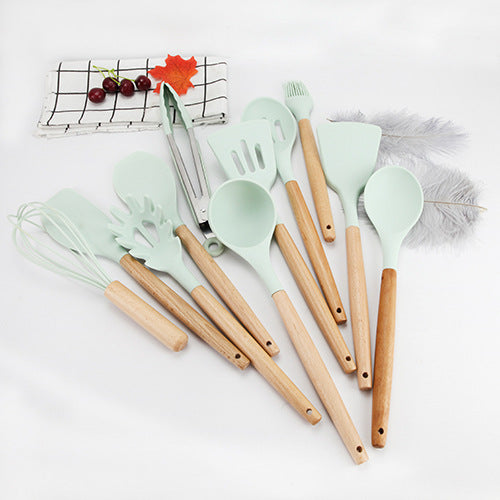 Storage barrel fresh green wooden handle silicone kitchenware 11 piece set non-stick spatula kitchenware set eleven piece set