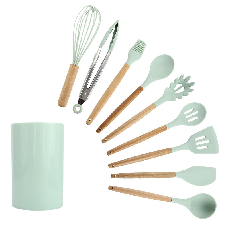 Storage barrel fresh green wooden handle silicone kitchenware 11 piece set non-stick spatula kitchenware set eleven piece set