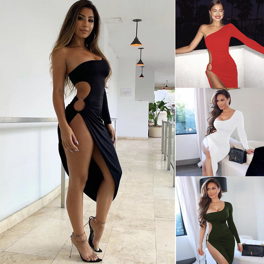 European and American one-shoulder long-sleeved sexy hollow slit dress