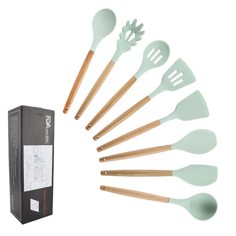 Storage barrel fresh green wooden handle silicone kitchenware 11 piece set non-stick spatula kitchenware set eleven piece set