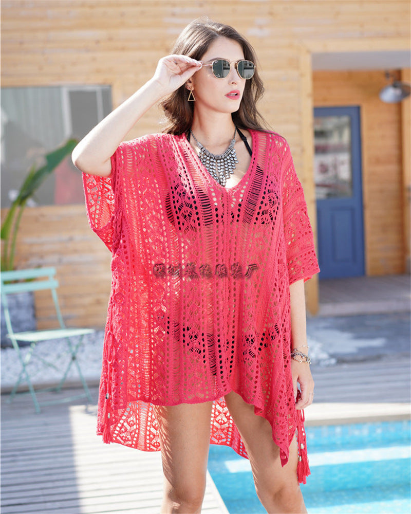 European and American hand crochet hollow beach skirt knitted sling seaside vacation sexy loose bikini beach blouse