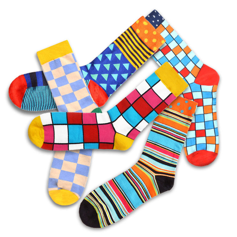 Cotton socks, colorful personality plaid tide men's socks, long tube color striped combination socks