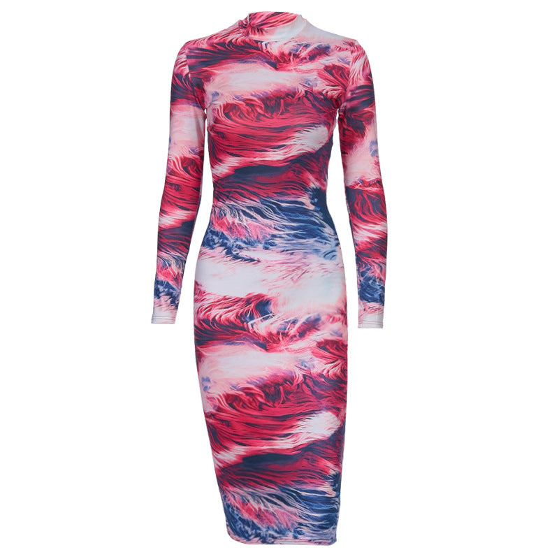 French hot-selling women's printed long-sleeved round neck dress