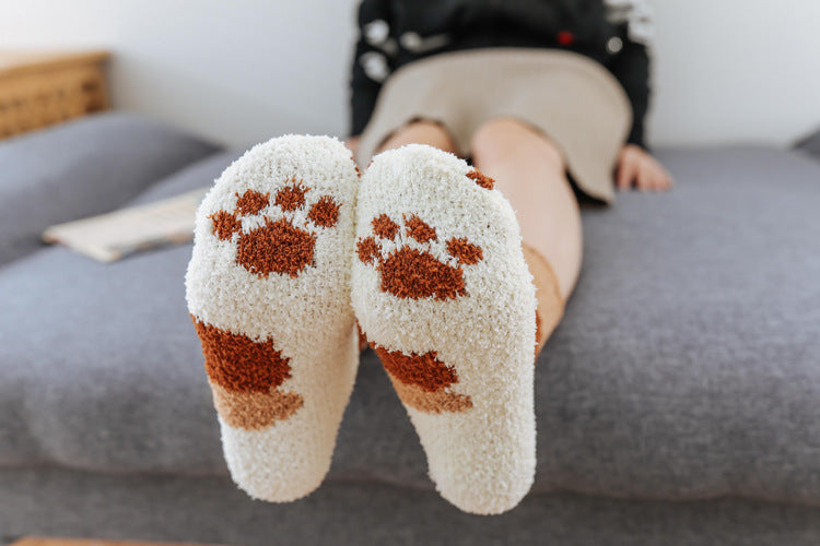 Coral fleece cat socks, tube socks, cartoon cat paw socks, cute floor socks, autumn and winter thickened warmth and velvet sleep socks