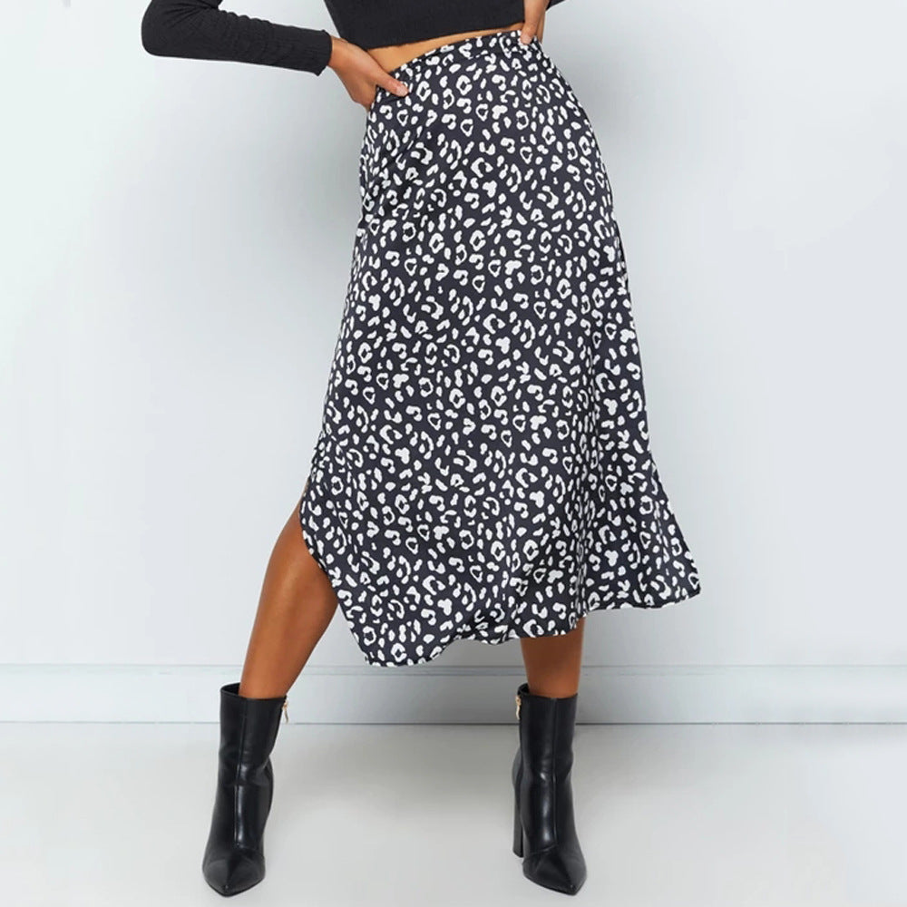 European and American leopard print chiffon print split skirt sexy zipper high waist midi skirt