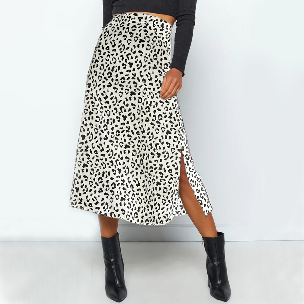 European and American leopard print chiffon print split skirt sexy zipper high waist midi skirt