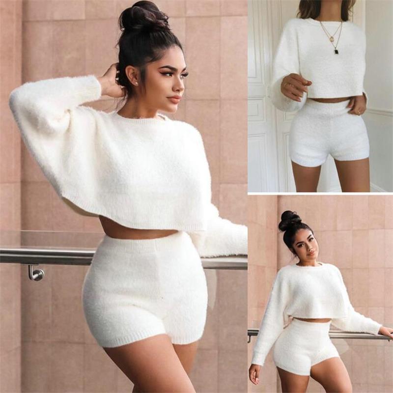 Sexy round neck cropped blouse women's casual short suit