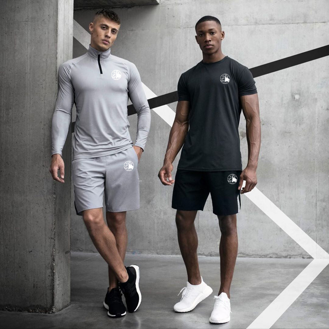 Muscular brothers sports T-shirt men's quick-drying clothes stretch zipper fitness polo shirt tights