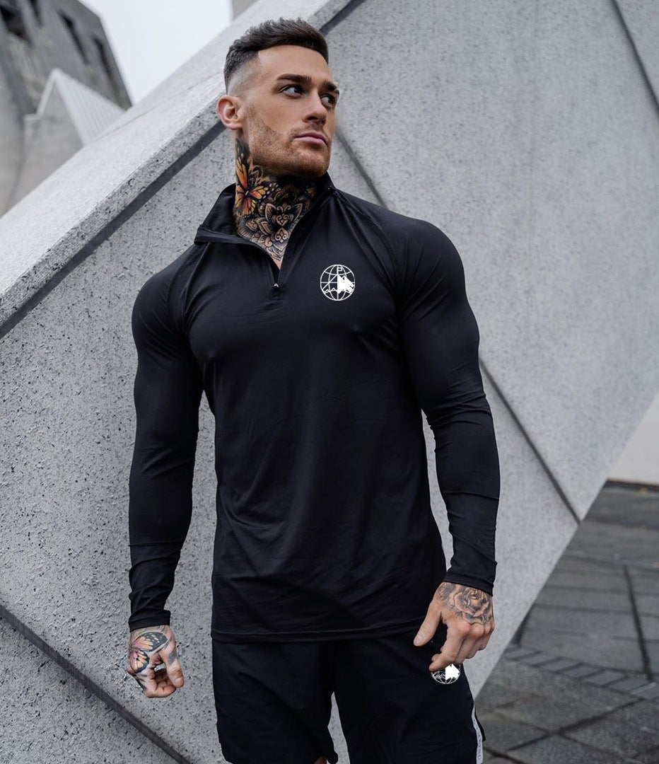 Muscular brothers sports T-shirt men's quick-drying clothes stretch zipper fitness polo shirt tights