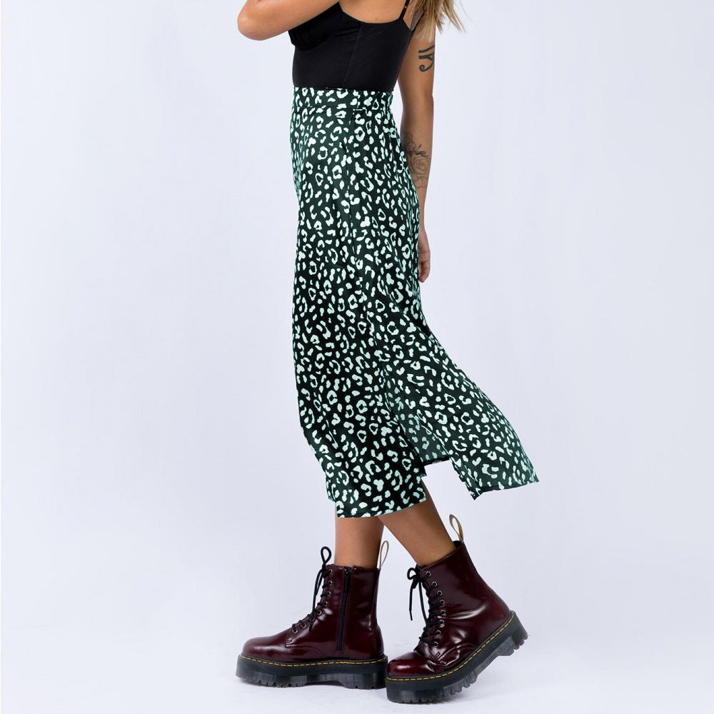 European and American leopard print chiffon print split skirt sexy zipper high waist midi skirt