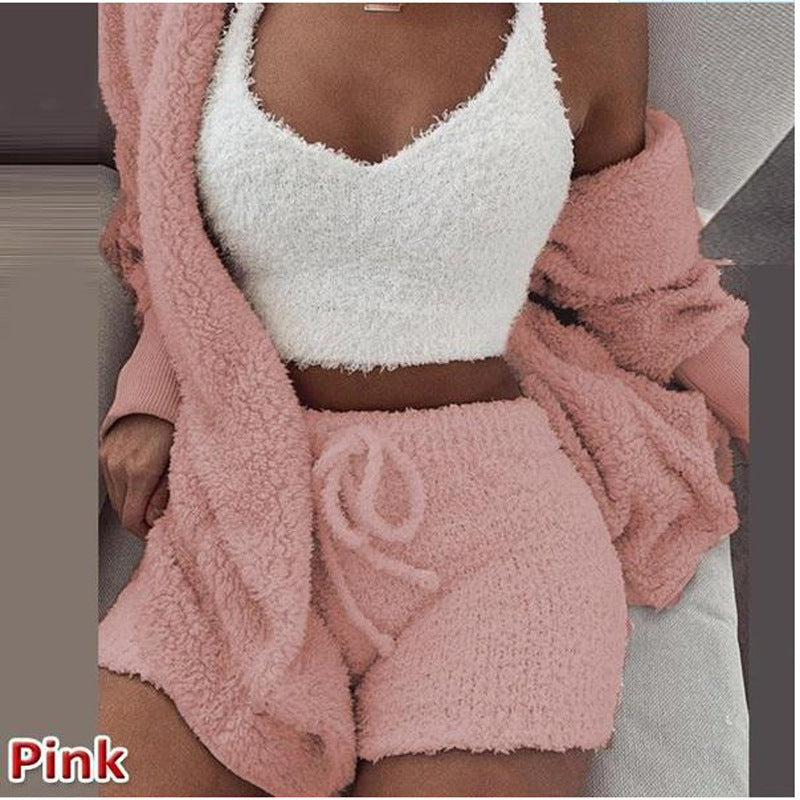 Cross-border women's plush home wear casual 3-piece pajamas long-sleeved shorts