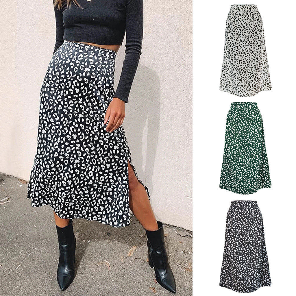 European and American leopard print chiffon print split skirt sexy zipper high waist midi skirt