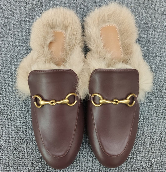 women's outer wear Muller shoes new lazy shoes flat bottom rabbit fur Baotou half slippers