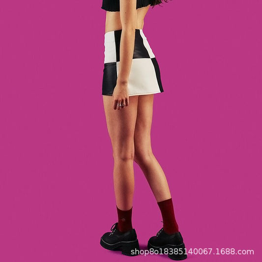 European station Mizuhara Kiko the same paragraph dark retro black and white plaid stitching bust a-line skirt