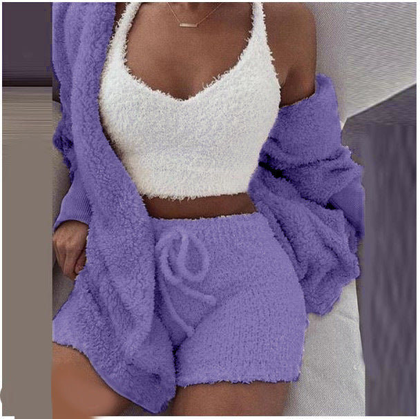 Cross-border women's plush home wear casual 3-piece pajamas long-sleeved shorts