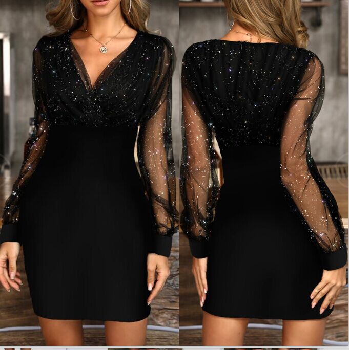 New Women's Mesh V-neck Sequined Dress Slim Sexy Dress