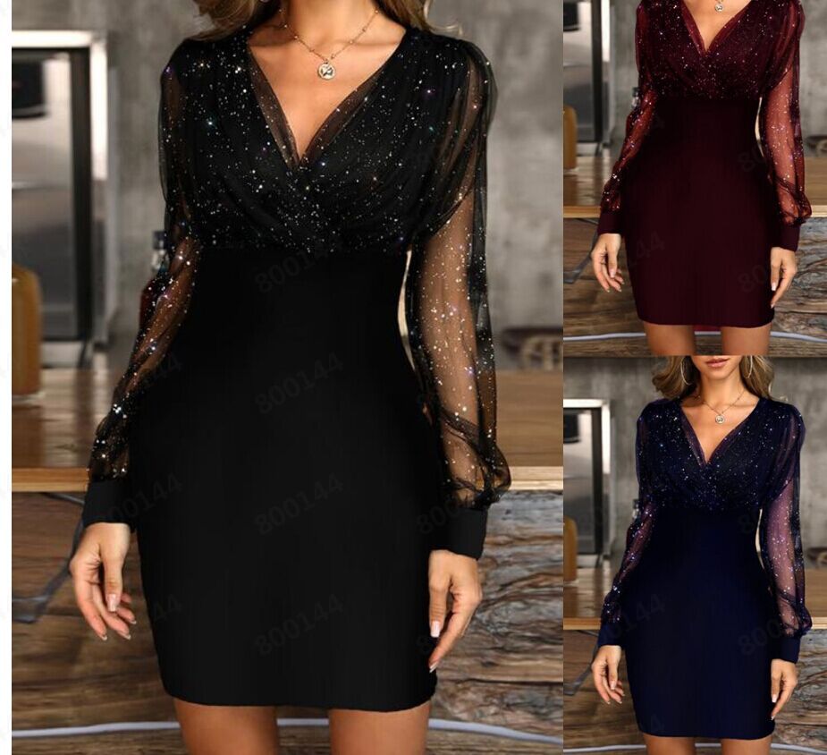 New Women's Mesh V-neck Sequined Dress Slim Sexy Dress