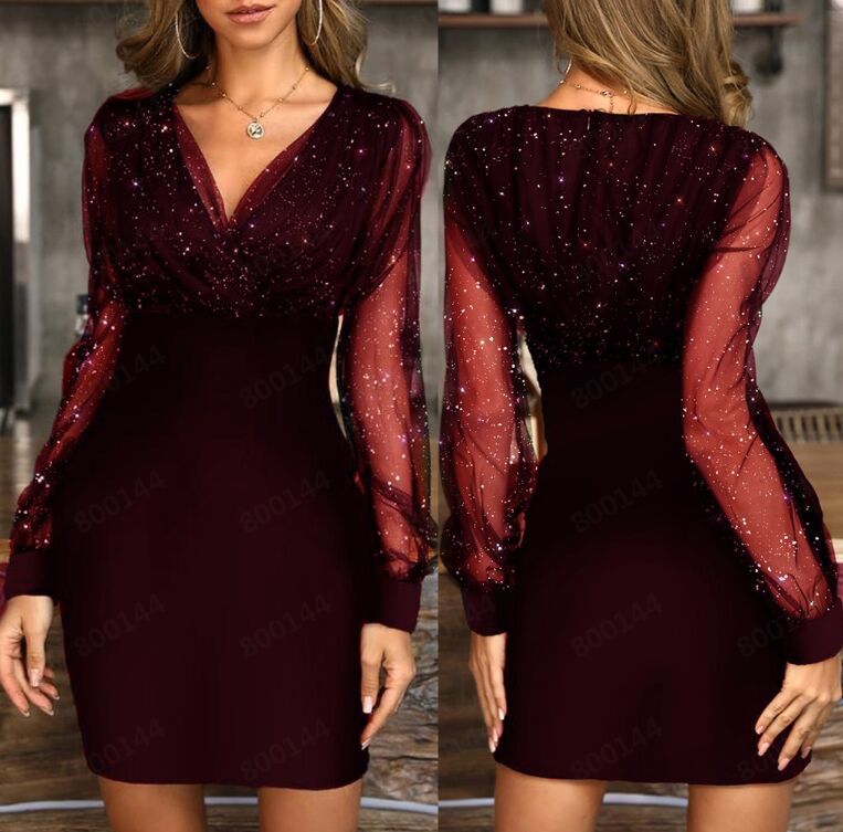 New Women's Mesh V-neck Sequined Dress Slim Sexy Dress