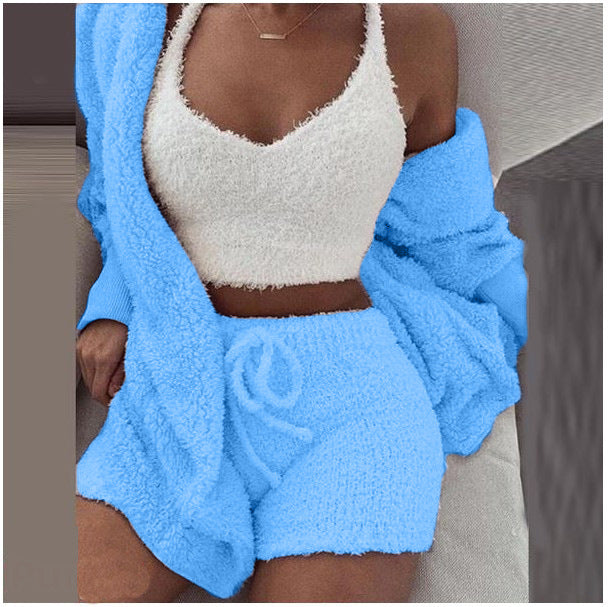 Cross-border women's plush home wear casual 3-piece pajamas long-sleeved shorts