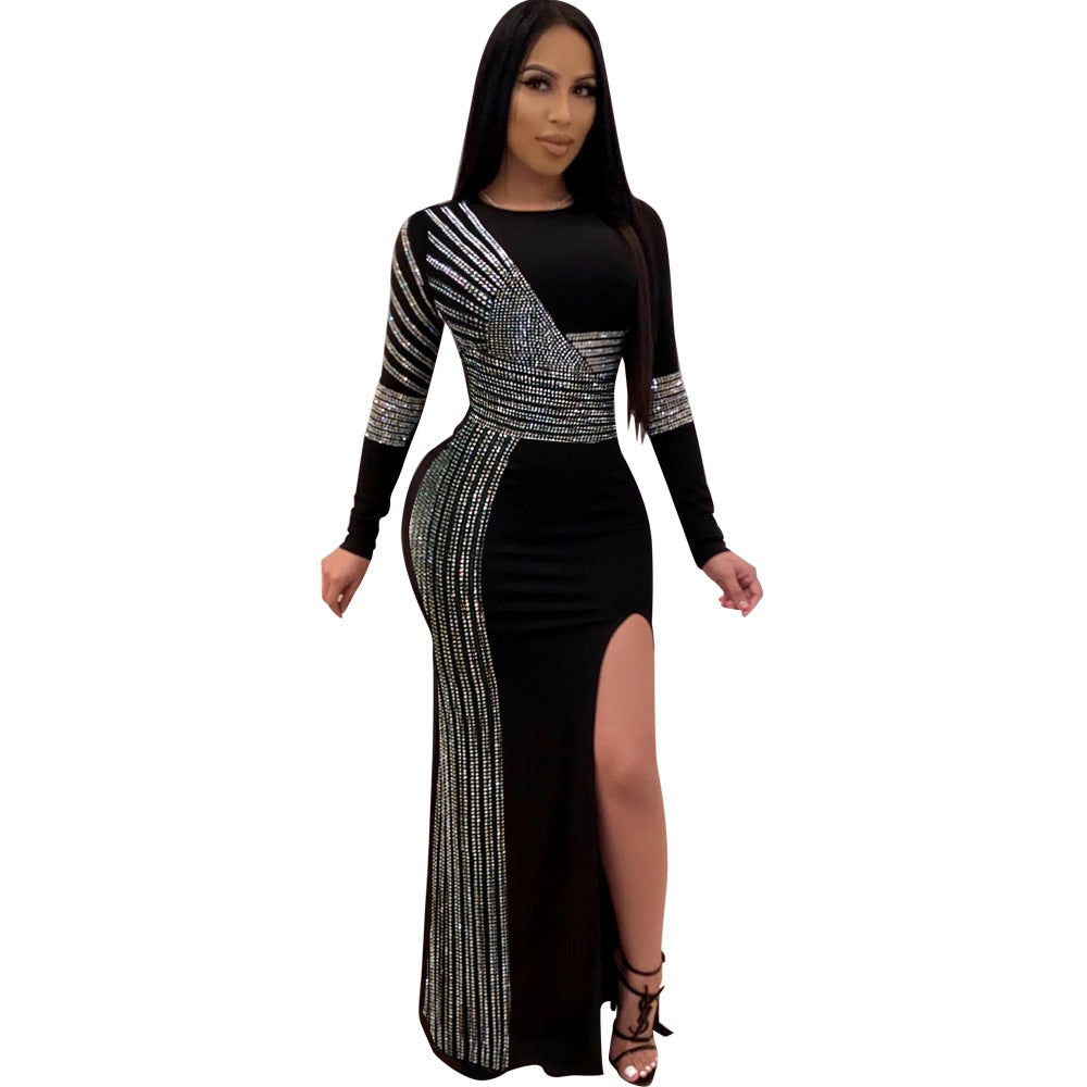 European and American sexy hot diamond round neck slit long sleeve dress