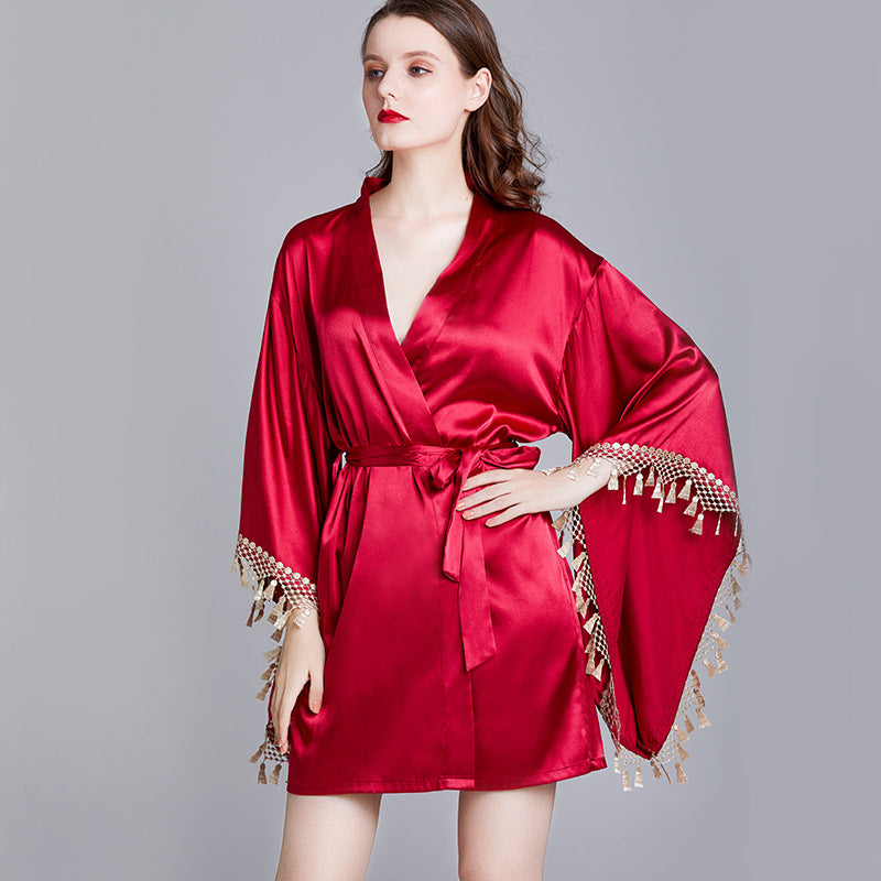 cross-border pajamas ladies silk nightgown wedding dressing gown wide-sleeved cardigan robe bridal dressing gown