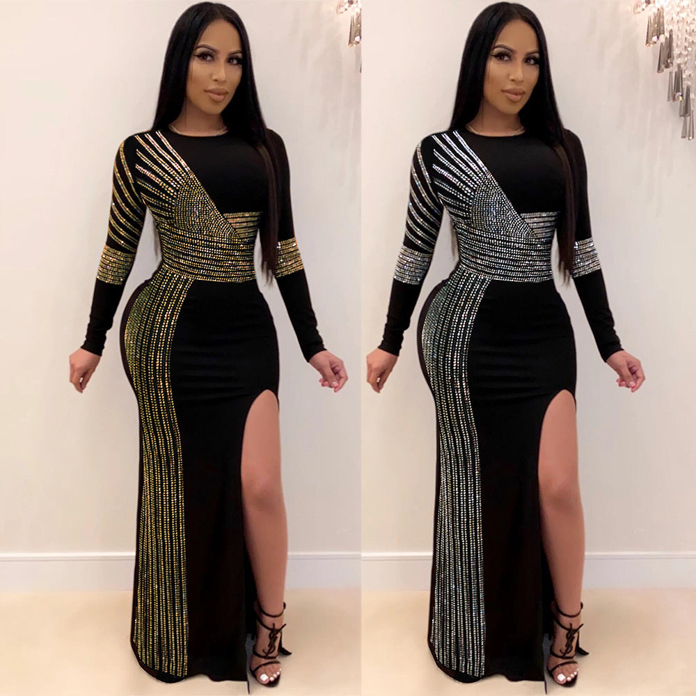 European and American sexy hot diamond round neck slit long sleeve dress