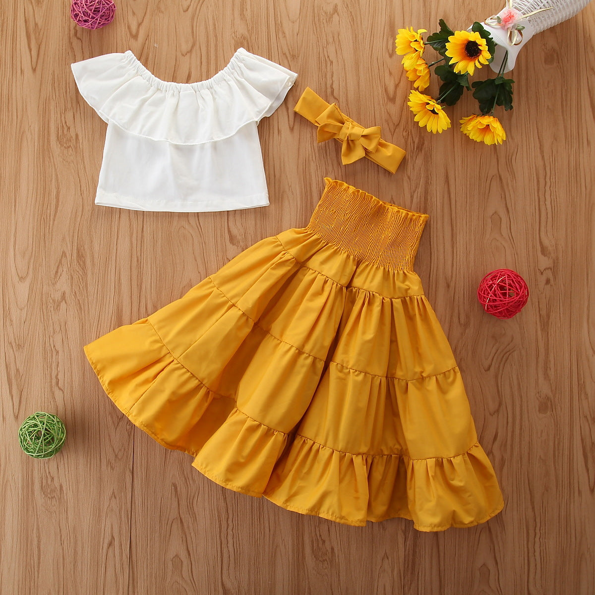 European and American girls children's ruffled blouse waist lantern long skirt headdress 3 piece set