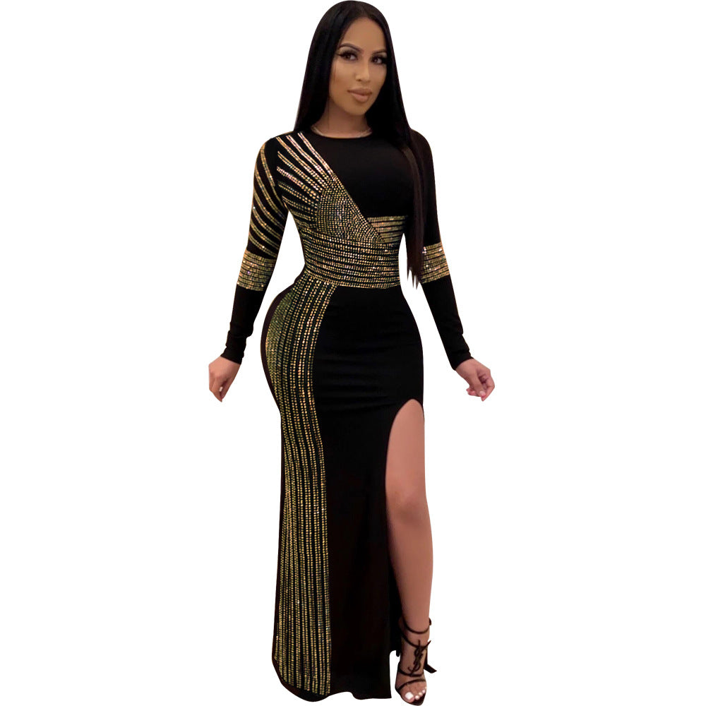 European and American sexy hot diamond round neck slit long sleeve dress