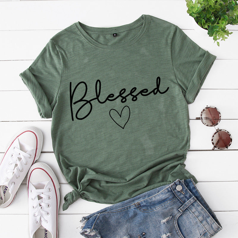 European and American women's loose blessed heart-shaped cotton collar short-sleeved t-shirt