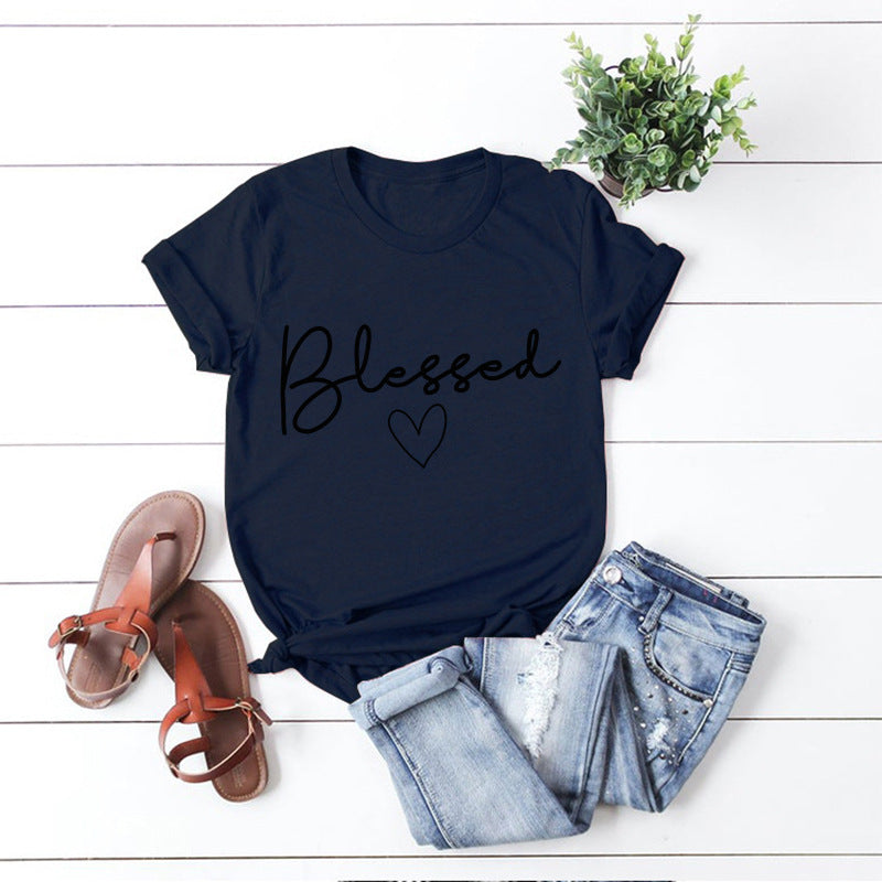 European and American women's loose blessed heart-shaped cotton collar short-sleeved t-shirt