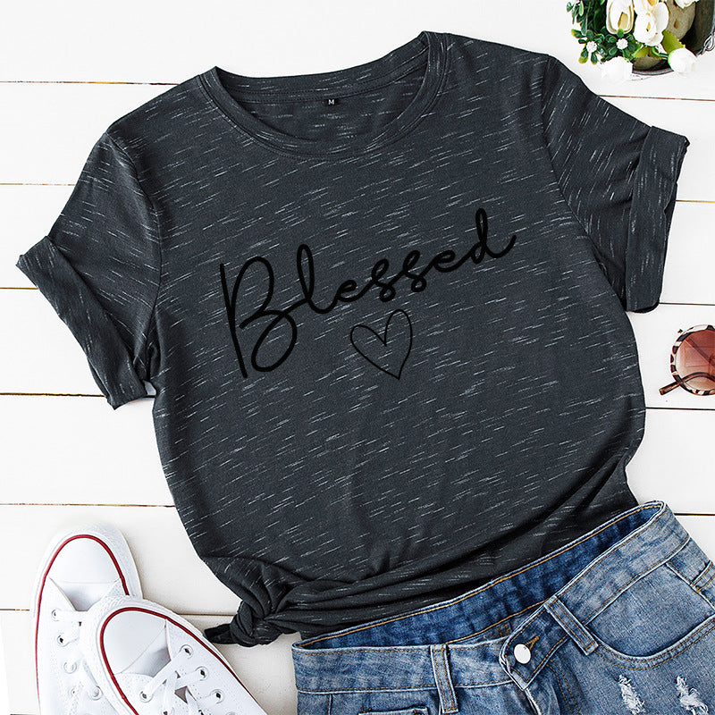 European and American women's loose blessed heart-shaped cotton collar short-sleeved t-shirt