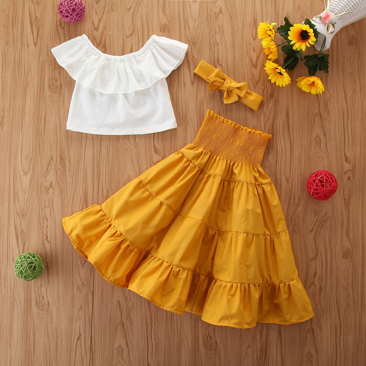 European and American girls children's ruffled blouse waist lantern long skirt headdress 3 piece set