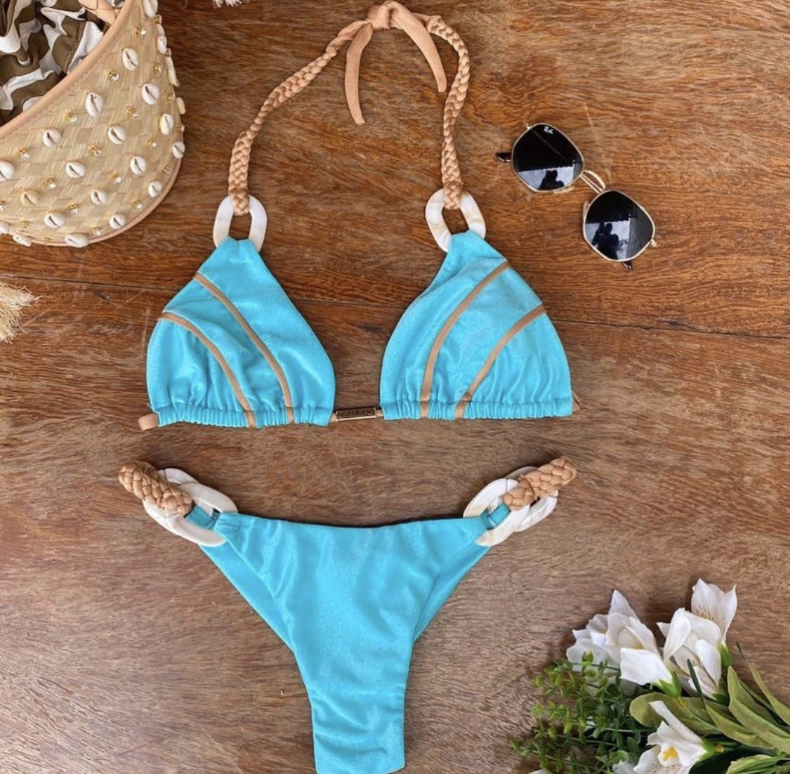 European and American Solid Color Strap Bikini Sexy Swimwear