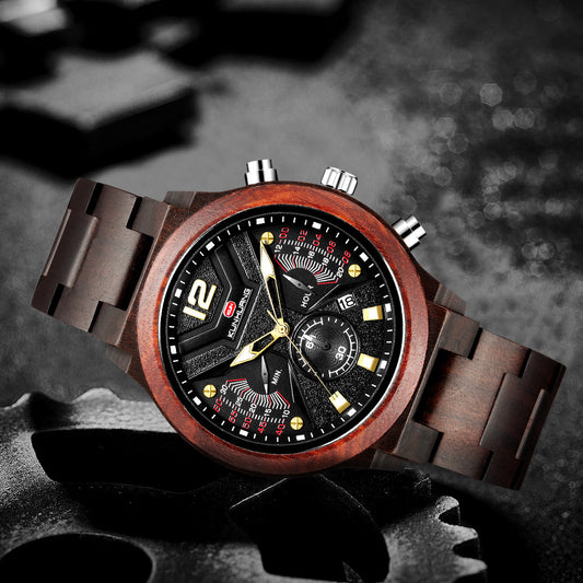 Kunhuang new men's watch multi-function chronograph fashion sports quartz wood watch