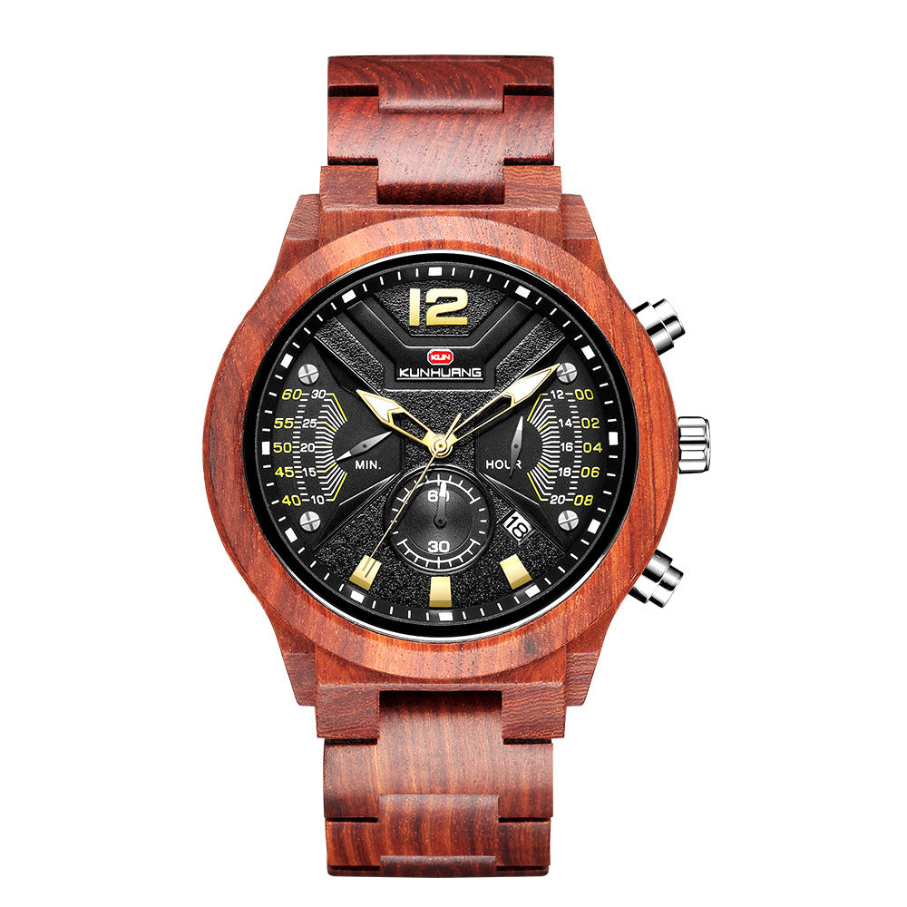 Kunhuang new men's watch multi-function chronograph fashion sports quartz wood watch