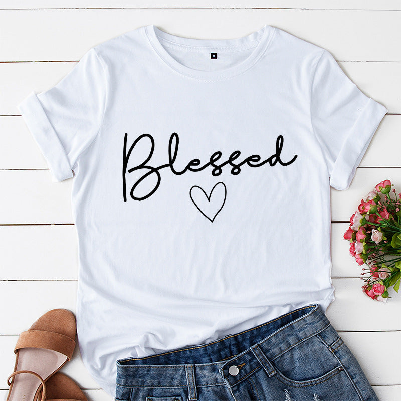 European and American women's loose blessed heart-shaped cotton collar short-sleeved t-shirt