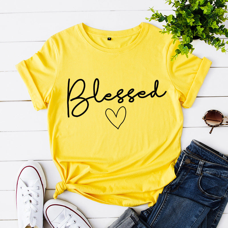 European and American women's loose blessed heart-shaped cotton collar short-sleeved t-shirt