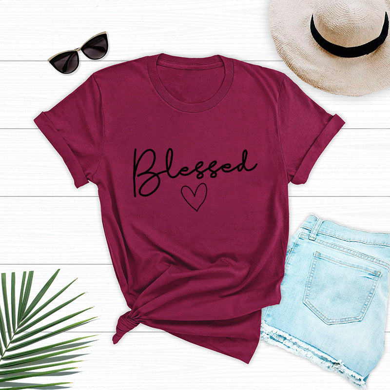 European and American women's loose blessed heart-shaped cotton collar short-sleeved t-shirt