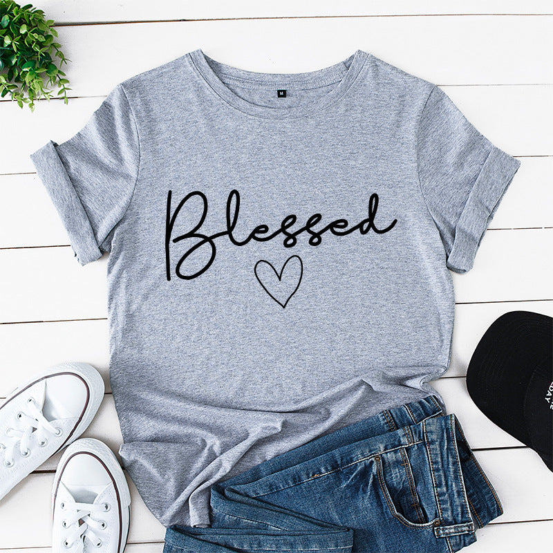 European and American women's loose blessed heart-shaped cotton collar short-sleeved t-shirt