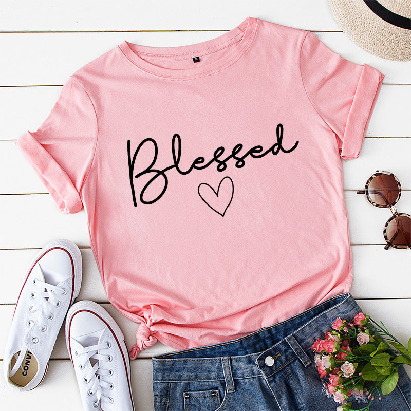 European and American women's loose blessed heart-shaped cotton collar short-sleeved t-shirt