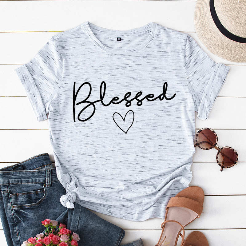 European and American women's loose blessed heart-shaped cotton collar short-sleeved t-shirt