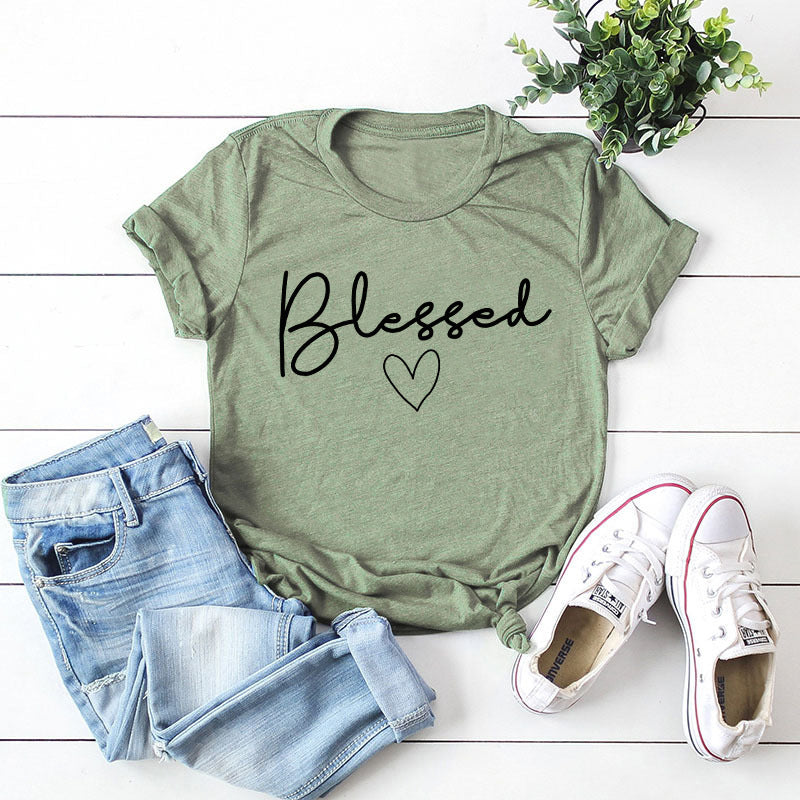 European and American women's loose blessed heart-shaped cotton collar short-sleeved t-shirt